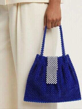 Elegant Blue Beaded Handbag With Flap Closure